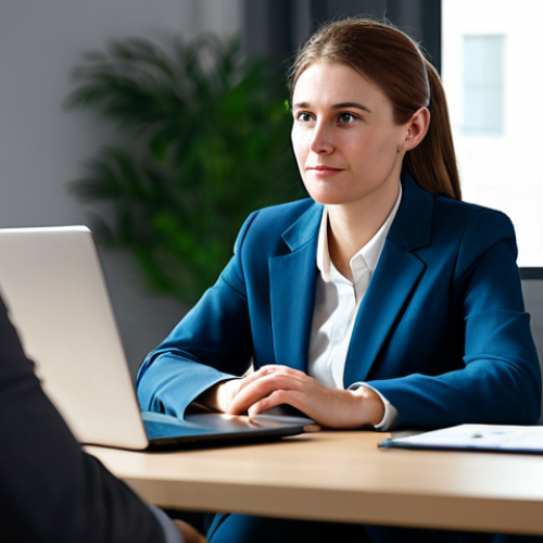 Home 18 A professional mental health expert, fully clothed in a modest, contemporary business suit, is seated at a clean, modern desk. They are engaged in an online therapy session, looking empathetically at a laptop screen with a calm and reassuring expression. The background features a blurred, professional office environment with soft, ambient lighting, emphasizing a confidential and supportive atmosphere. safe for work, appropriate content, fully clothed, professional dress, perfect anatomy, correct proportions, natural pose, well-formed hands, proper finger count, natural body proportions, high-quality professional photography.