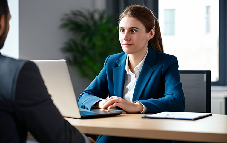 A professional mental health expert, fully clothed in a modest, contemporary business suit, is seated at a clean, modern desk. They are engaged in an online therapy session, looking empathetically at a laptop screen with a calm and reassuring expression. The background features a blurred, professional office environment with soft, ambient lighting, emphasizing a confidential and supportive atmosphere. safe for work, appropriate content, fully clothed, professional dress, perfect anatomy, correct proportions, natural pose, well-formed hands, proper finger count, natural body proportions, high-quality professional photography.