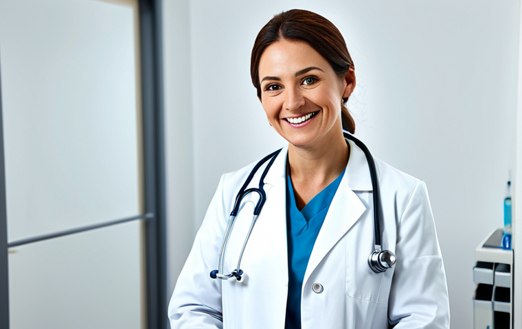 **

"A professional female doctor in a modest white coat, smiling gently at a patient in a bright, clean clinic, fully clothed, appropriate attire, safe for work, perfect anatomy, natural proportions, professional medical photography, high quality, family-friendly."

**