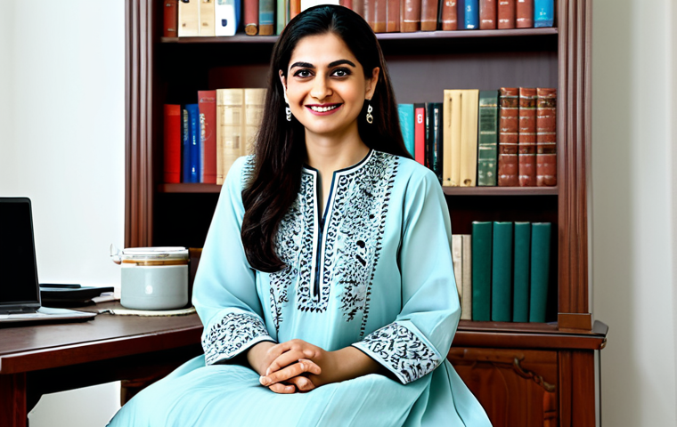 **

"A professional female psychologist, fully clothed in a modest *shalwar kameez* with intricate embroidery, sits in a well-lit, comfortable office. Bookshelves line the walls. She is smiling gently, looking directly at the viewer. Safe for work, appropriate content, perfect anatomy, correct proportions, natural pose, professional headshot, family-friendly."

**