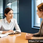 상담심리사 커리어 성장 사례 - A professional counseling psychologist in a modern office setting, wearing modest professional attir...