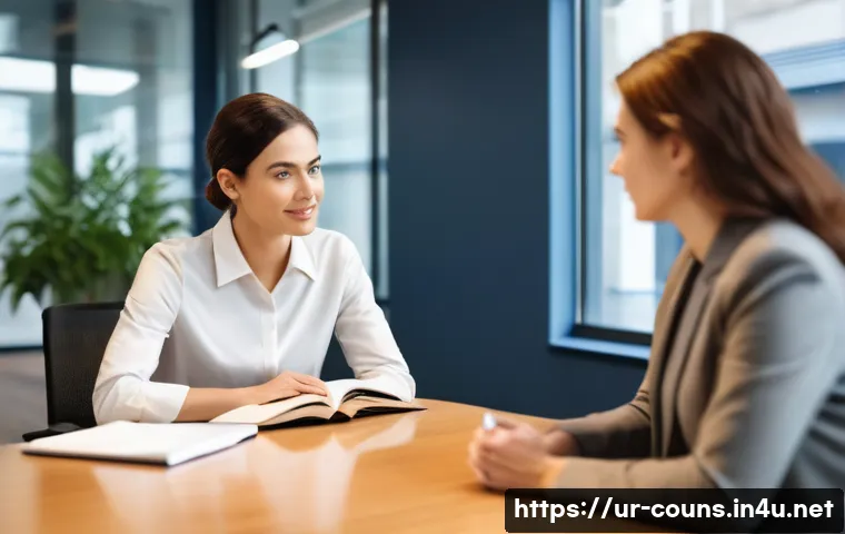 상담심리사 커리어 성장 사례 - A professional counseling psychologist in a modern office setting, wearing modest professional attir...