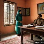 상담심리사 주요 중점 과목 - A serene counseling session set in a modern, culturally sensitive Pakistani office, featuring a fema...