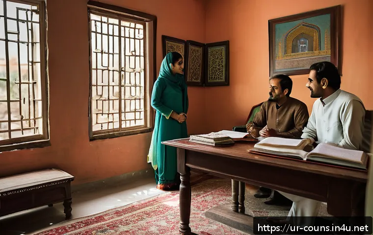 상담심리사 주요 중점 과목 - A serene counseling session set in a modern, culturally sensitive Pakistani office, featuring a fema...