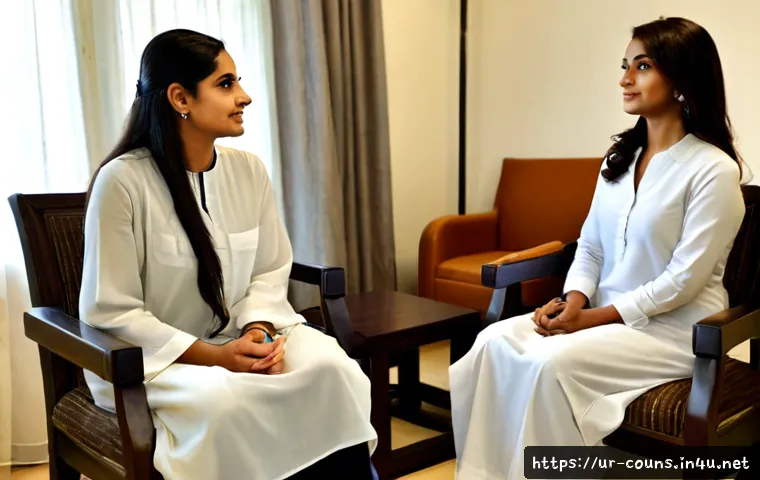 상담심리사로서 개인 상담과 집단 상담의 차이 - Photorealistic private counseling session in a welcoming Pakistani therapist’s office, a compassiona...